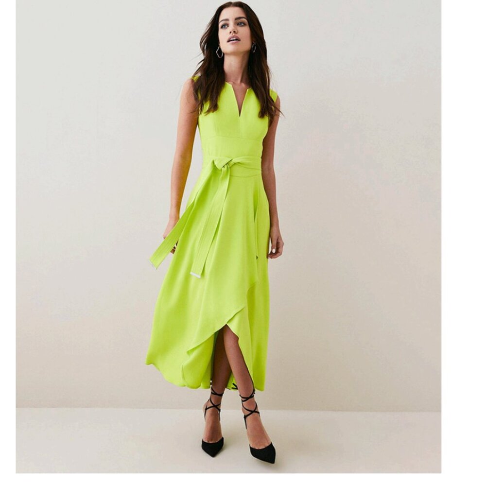 Karen Millen Petite Compact Viscose Tailored Waterfall Midi Dress Lime Size 4